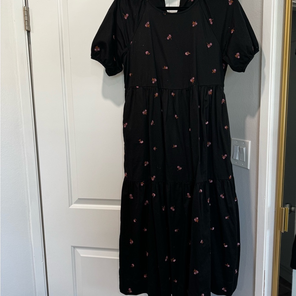 Madewell Black Embroidered Floral Midi Dress